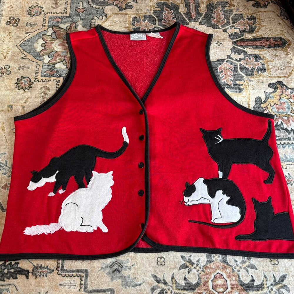 Vintage Cat Vest Red Black and White Kitty Cat 90s Mom Vest Size Large Granny